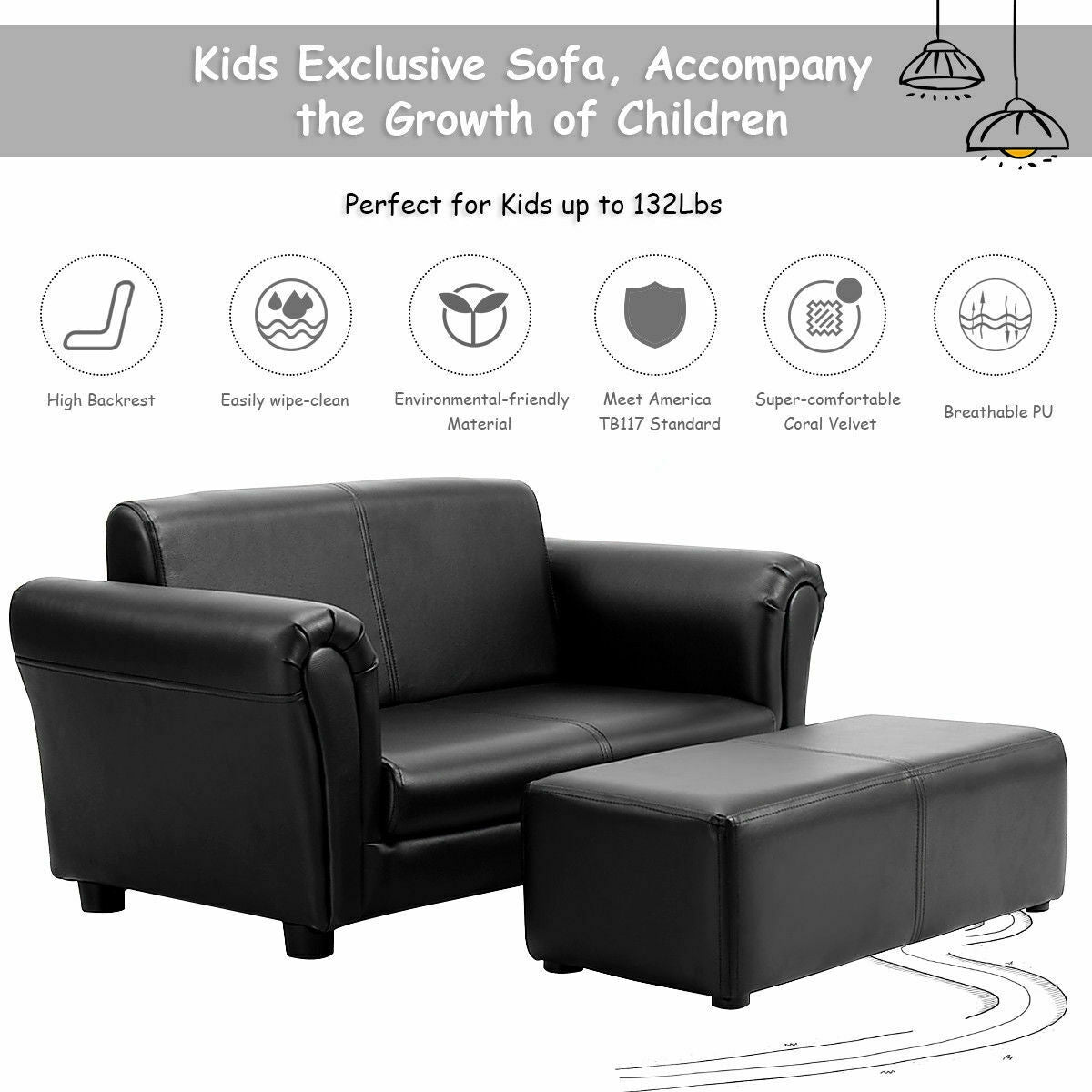 Kids Double Sofa with Ottoman