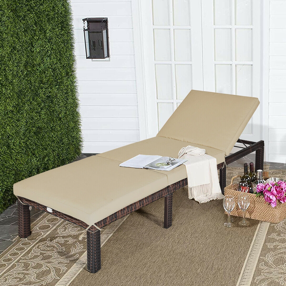 Adjustable Rattan Chaise Lounge with Cushion