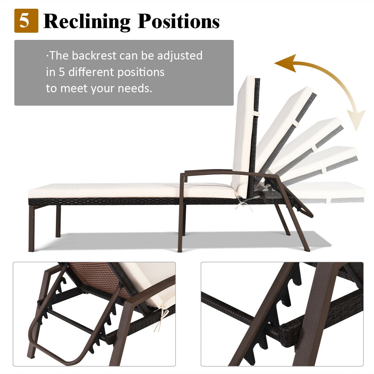 Adjustable Patio Chaise Lounge with Cushion - 5 Positions