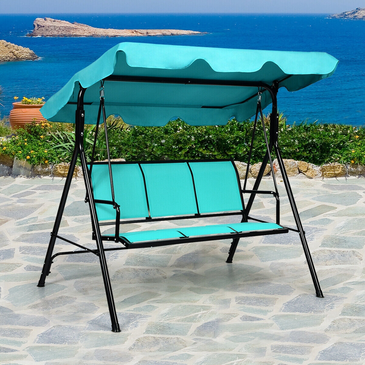 3 Person Porch Swing with Adjustable Canopy - Blue