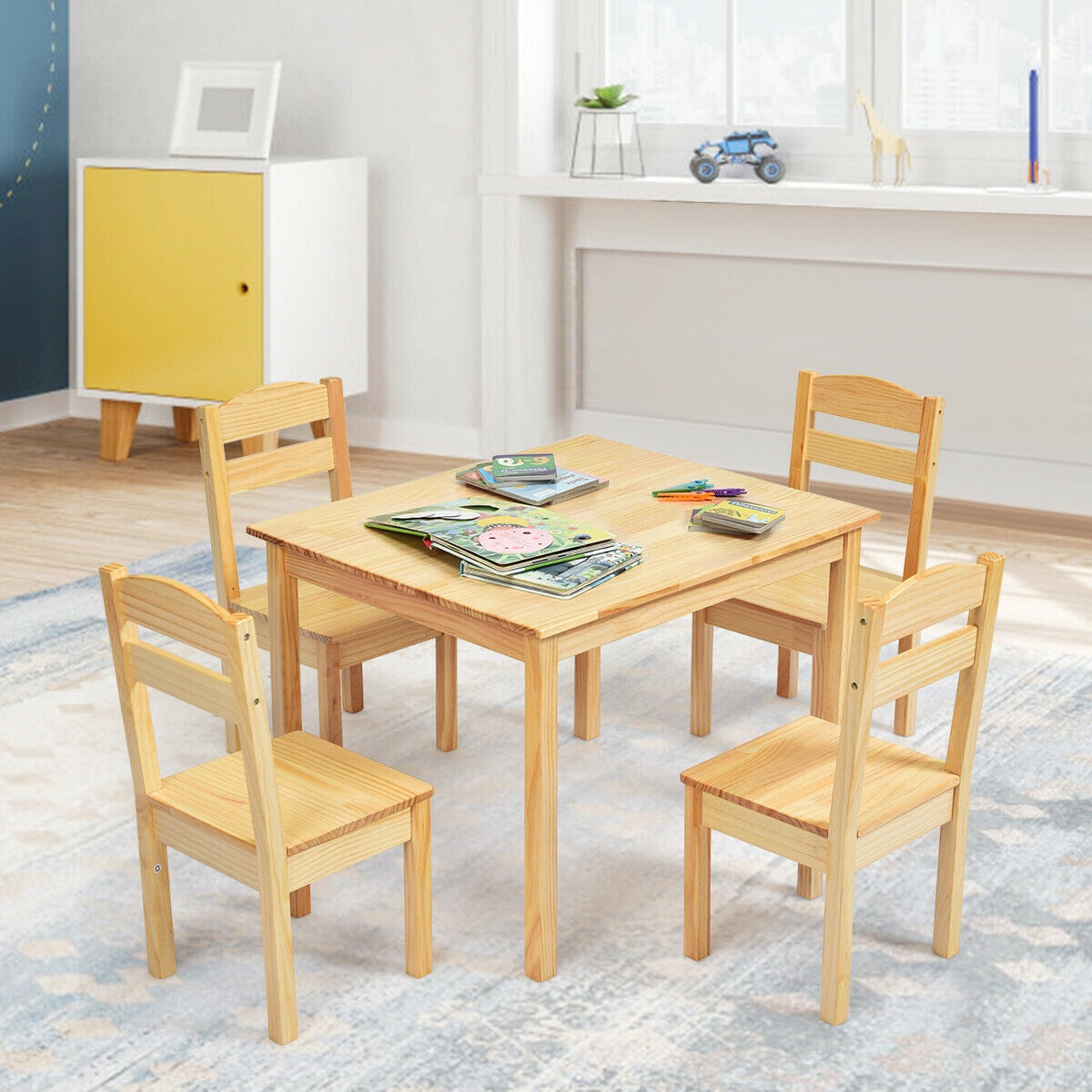 Kids Table and Chair Set - 5 Piece Pine Wood