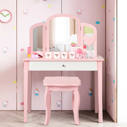 Kids Vanity Table with Tri-Fold Mirror and Chair Set