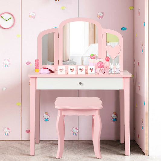 Kids Vanity Table with Tri-Fold Mirror and Chair Set