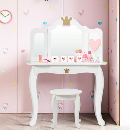 Kids Makeup Vanity Table with Tri-Fold Mirror and Stool