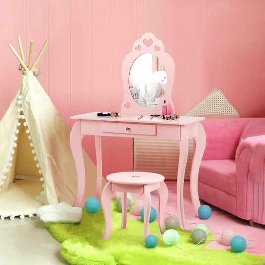 Kids Vanity Table Set with Mirror and Stool