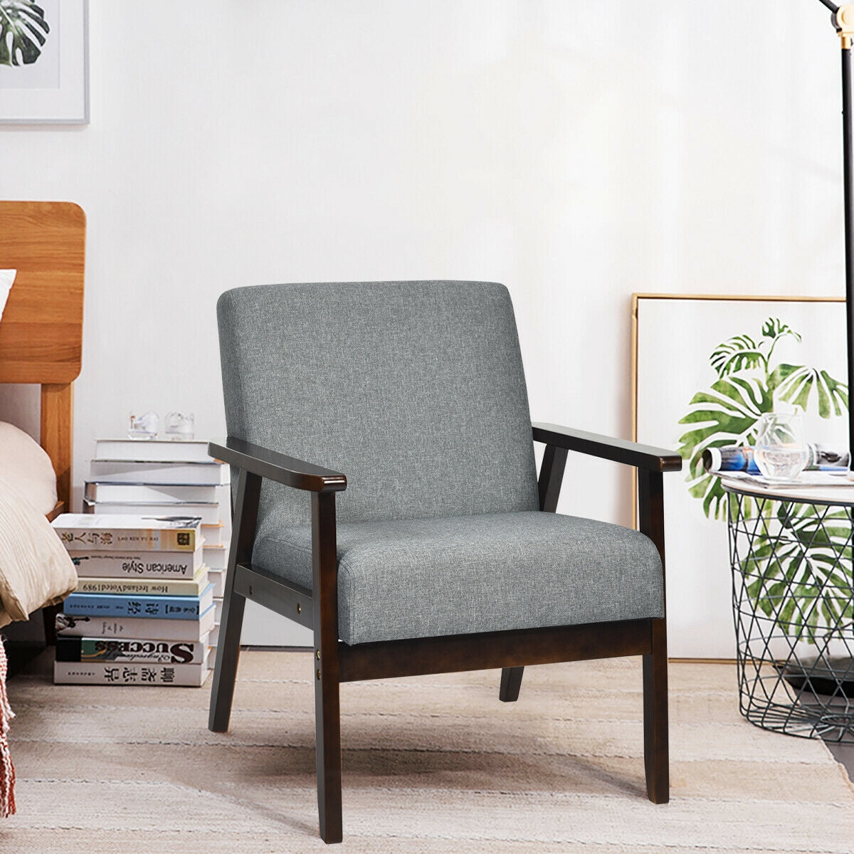 Rubber Wood Accent Armchair with Linen Upholstery