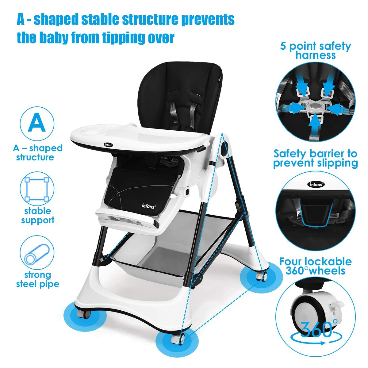 Foldable High Chair with 4 Lockable Wheels and 5-Point Harness