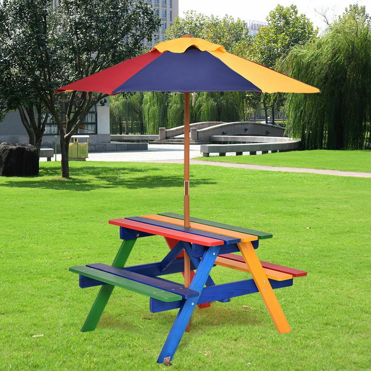 Kids Picnic Table with Umbrella - 4 Seat Outdoor Bench Set