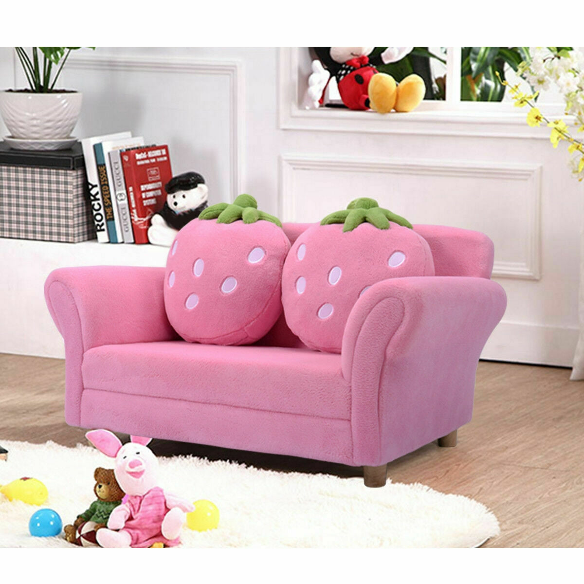 Kids Strawberry Armrest Sofa Chair with 2 Pillows - Pink