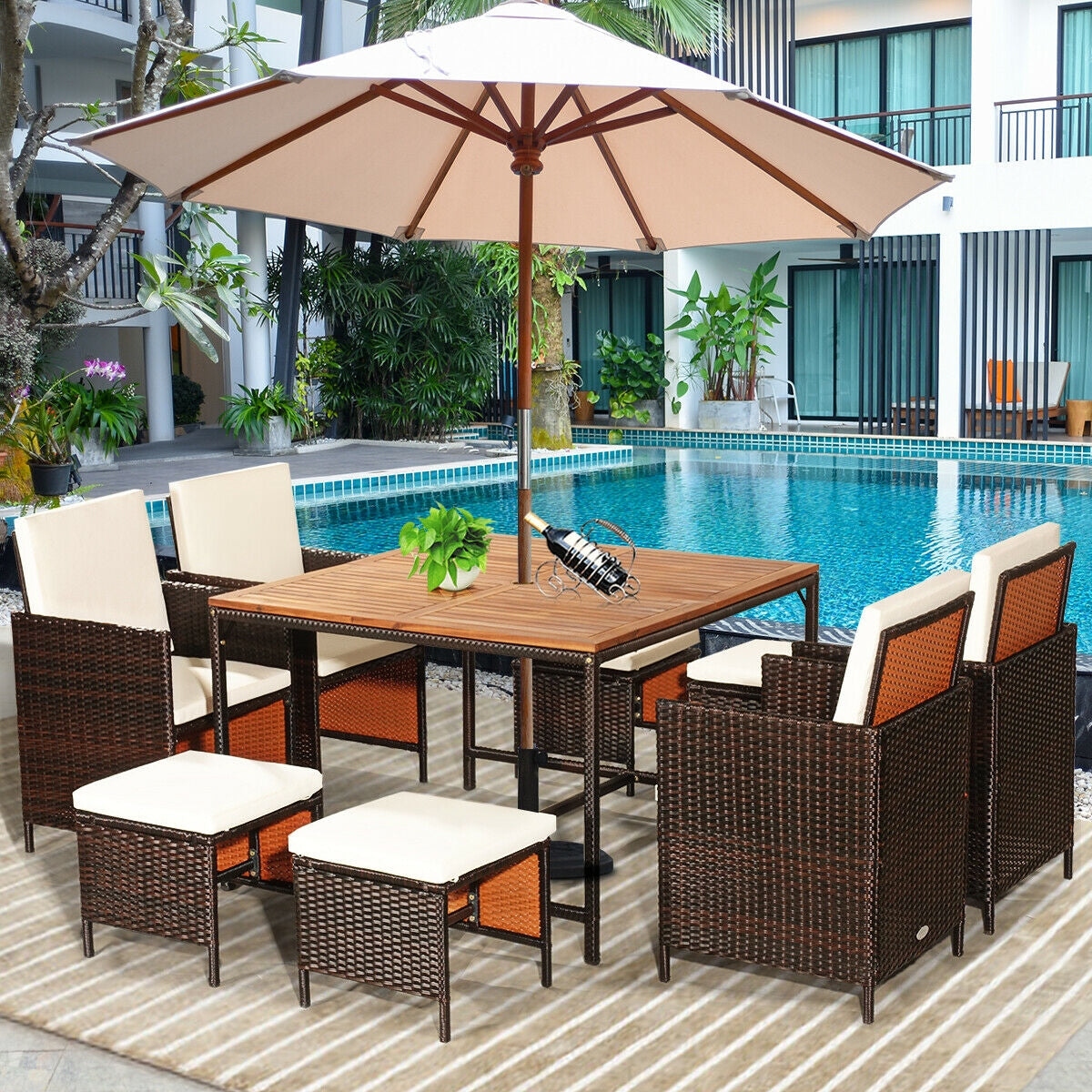 9-Piece Patio Rattan Dining Set with Cushioned Chairs