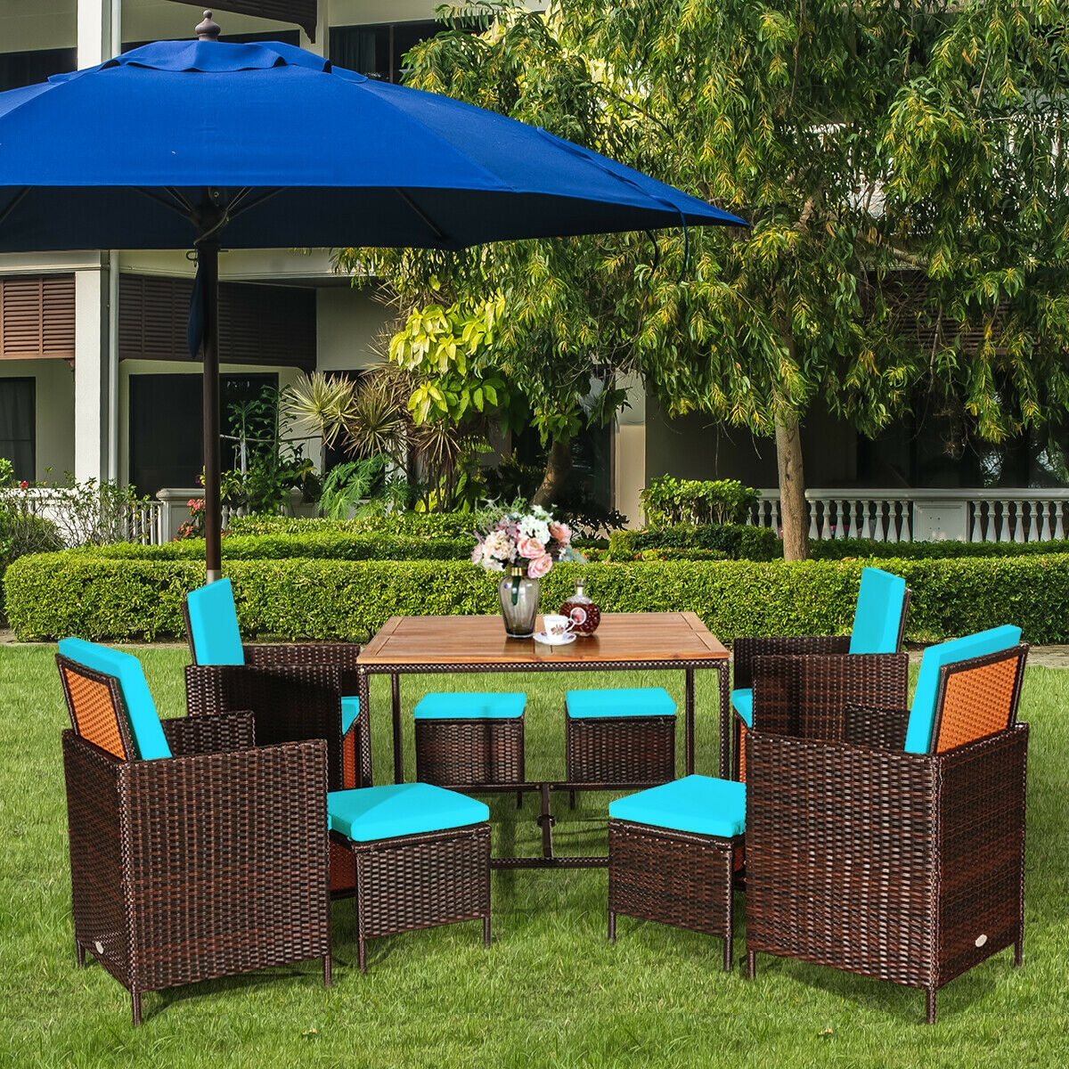 9-Piece Patio Rattan Dining Set with Cushioned Chairs