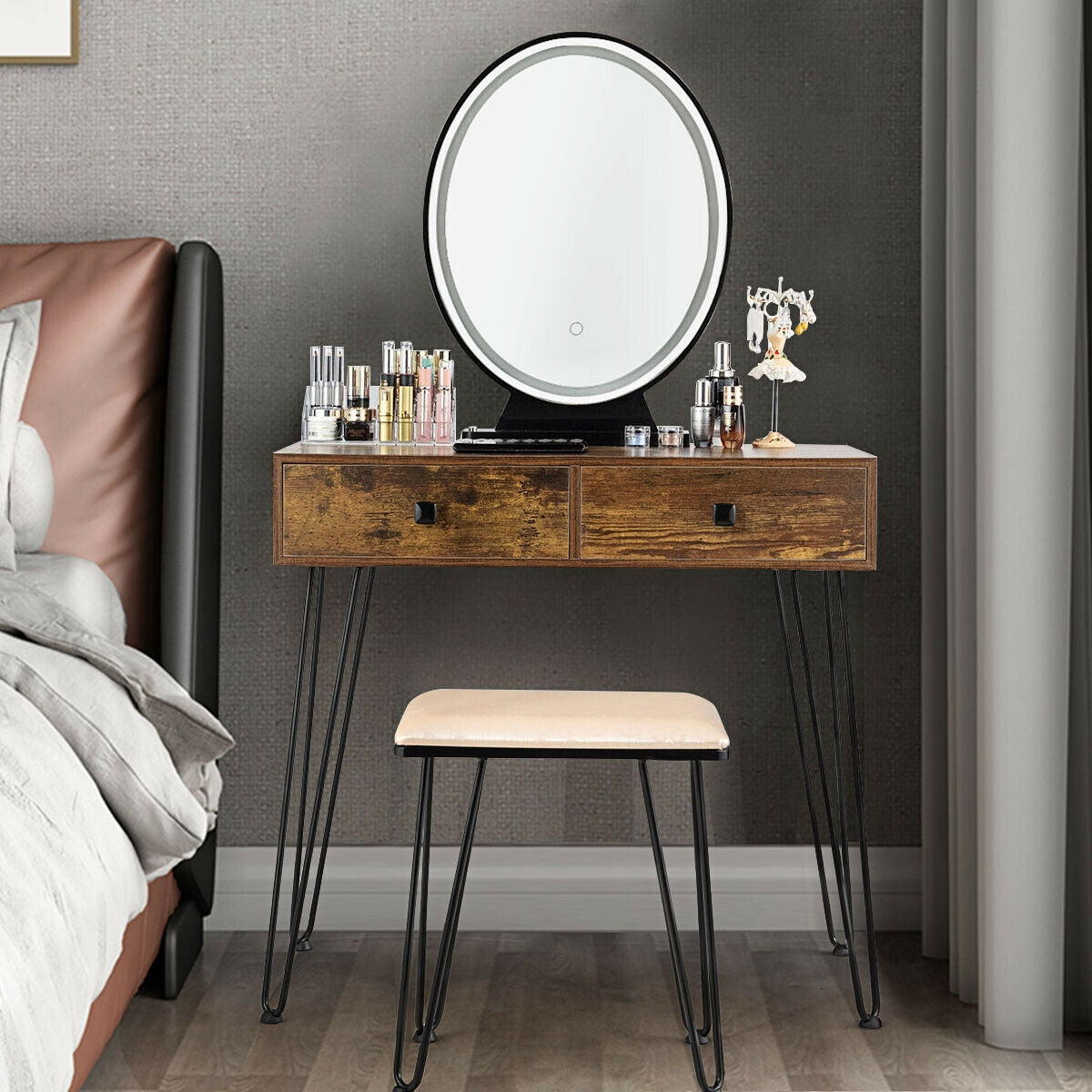 Industrial Makeup Vanity Table with LED Mirror & Stool