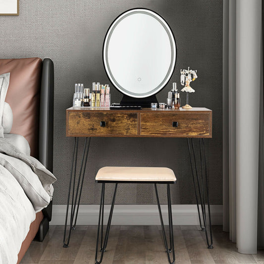 Industrial Makeup Vanity Table with LED Mirror & Stool