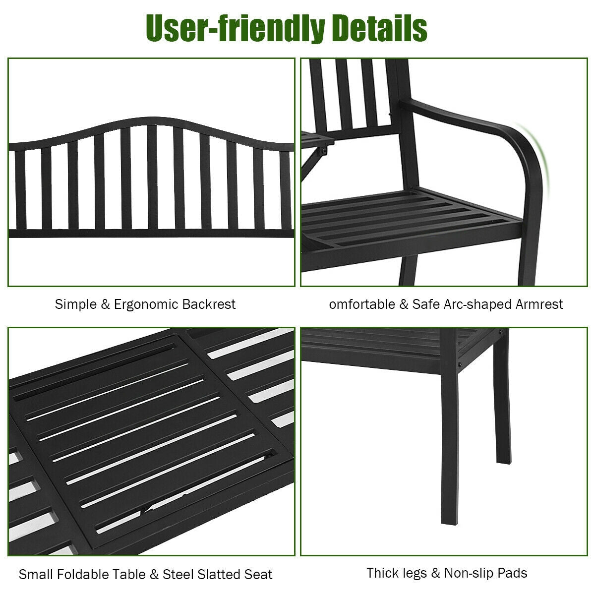Outdoor Garden Bench with Adjustable Center Table - Steel Frame