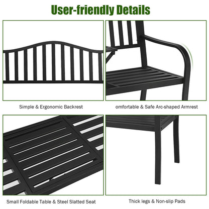Outdoor Garden Bench with Adjustable Center Table - Steel Frame