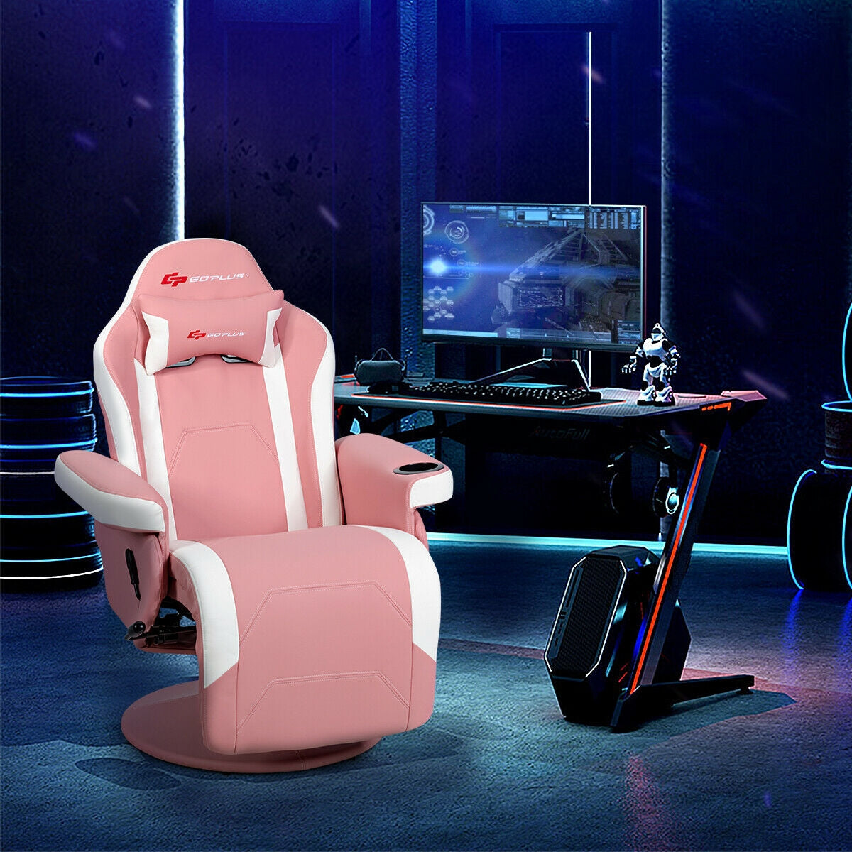 Massage Gaming Chair with Footrest and Lumbar Support - Pink