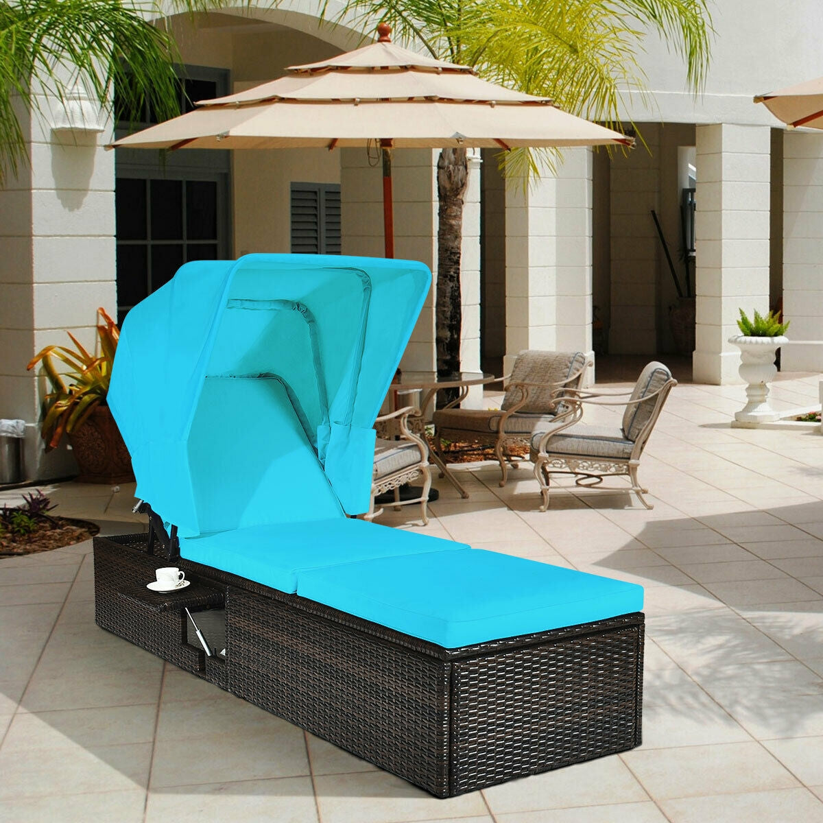 Outdoor Chaise Lounge with Canopy and Cushion