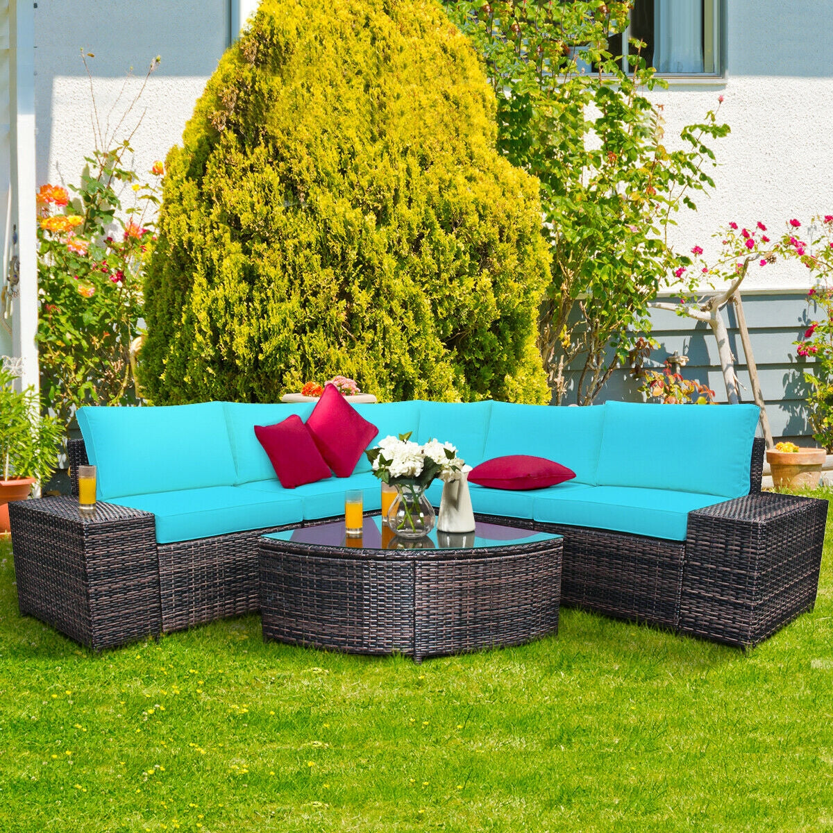 6 Piece Wicker Patio Sectional Sofa Set with Tempered Glass Coffee Table