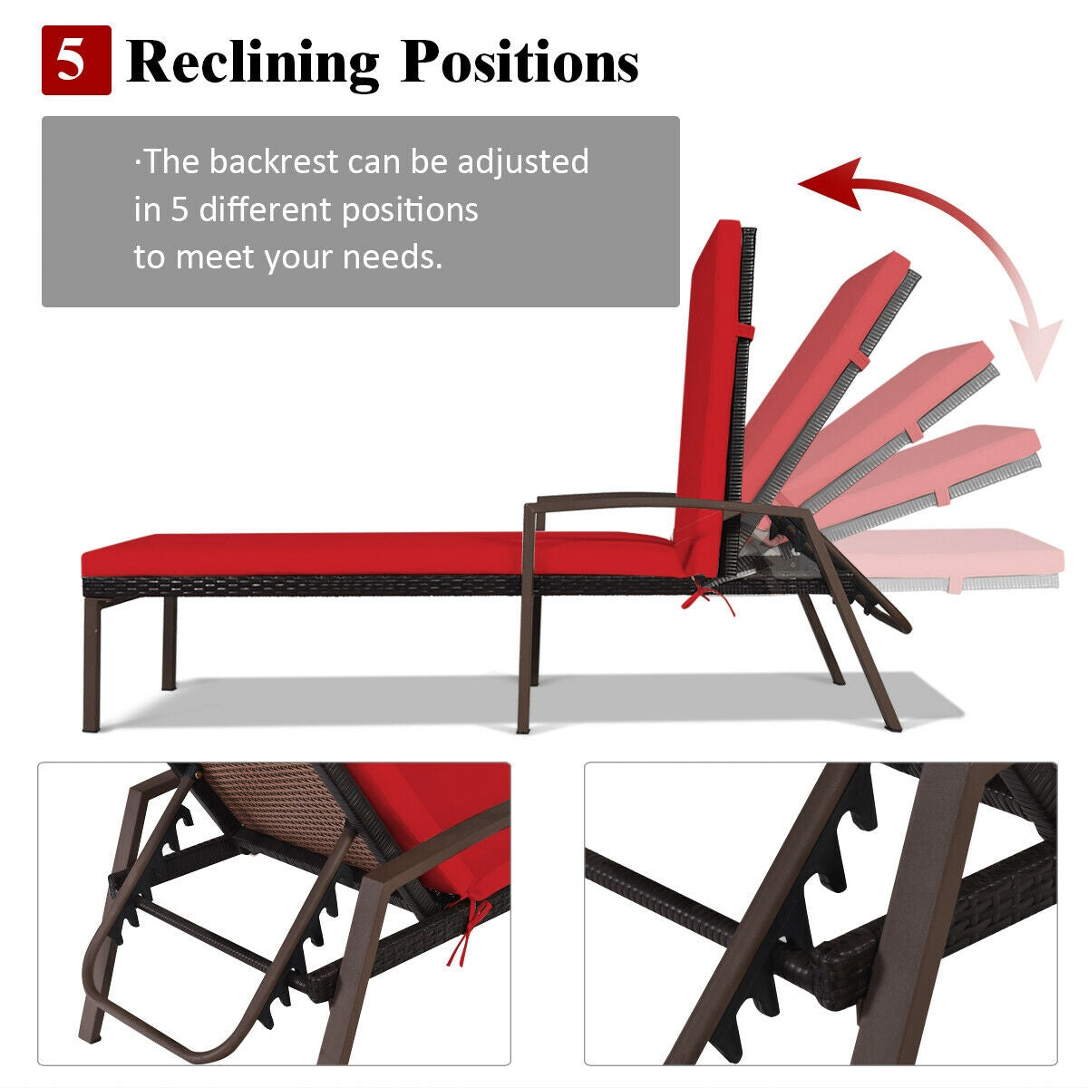 Adjustable Patio Chaise Lounge with Cushion - 5 Positions