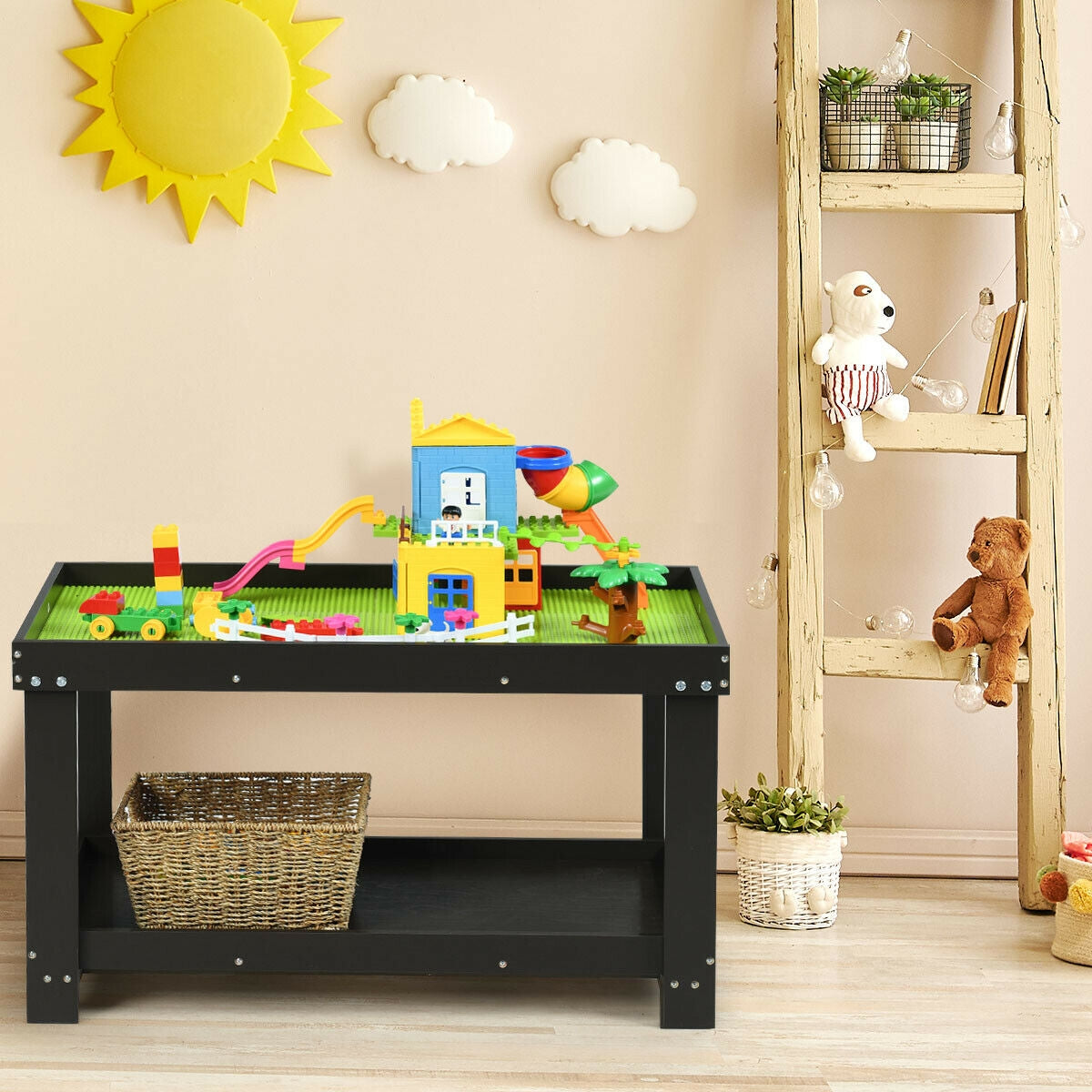 Kids Activity Play Table with Storage - Solid Pine Wood