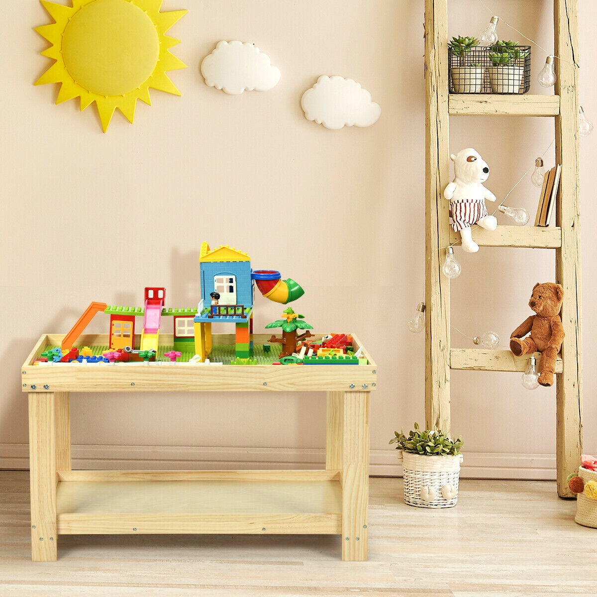 Kids Activity Play Table with Storage - Solid Pine Wood