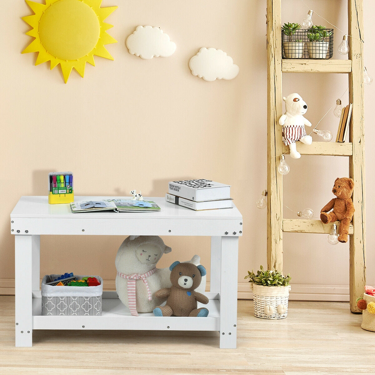 Kids Activity Play Table with Storage - Solid Pine Wood