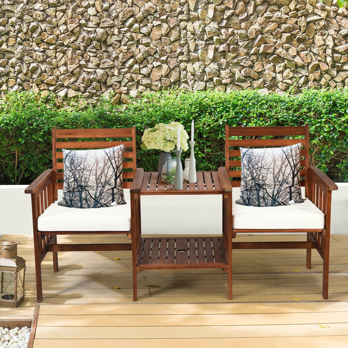 Acacia Wood Patio Conversation Set with Loveseat & Coffee Table