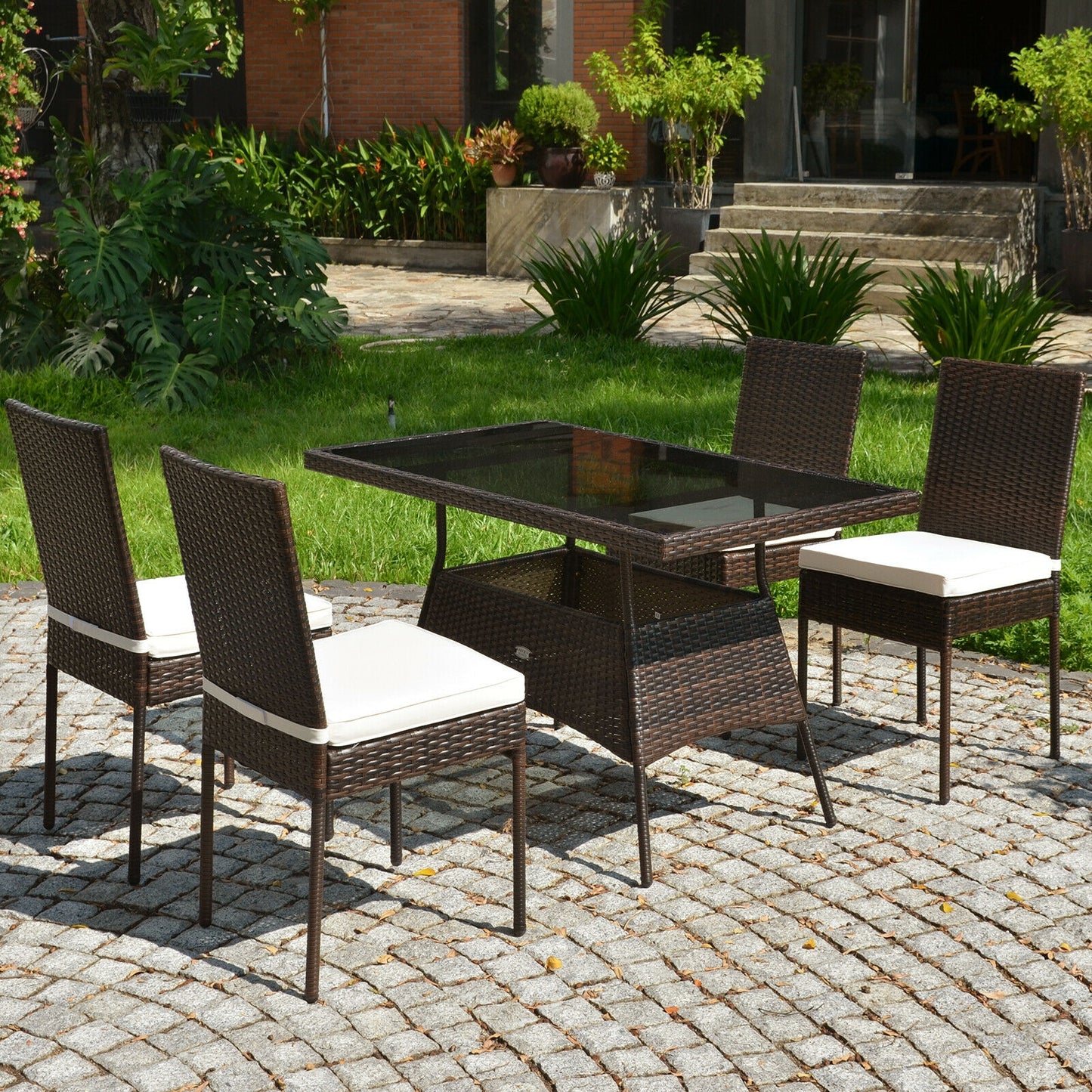 5-Piece Rattan Patio Dining Set with Glass Table & Cushions