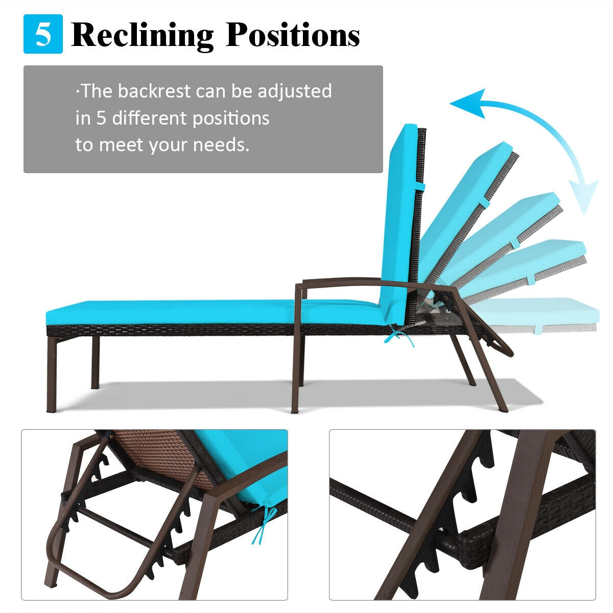 Adjustable Patio Chaise Lounge with Cushion - 5 Positions