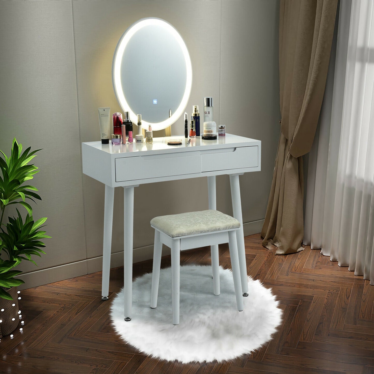 Vanity Makeup Table with Lighted Mirror and Stool Set