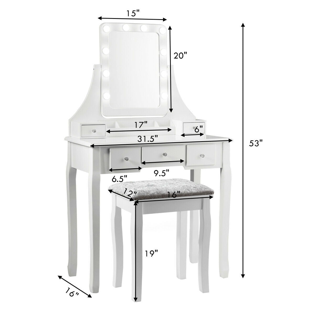Vanity Dressing Table Set with 10 Dimmable Bulbs & Stool