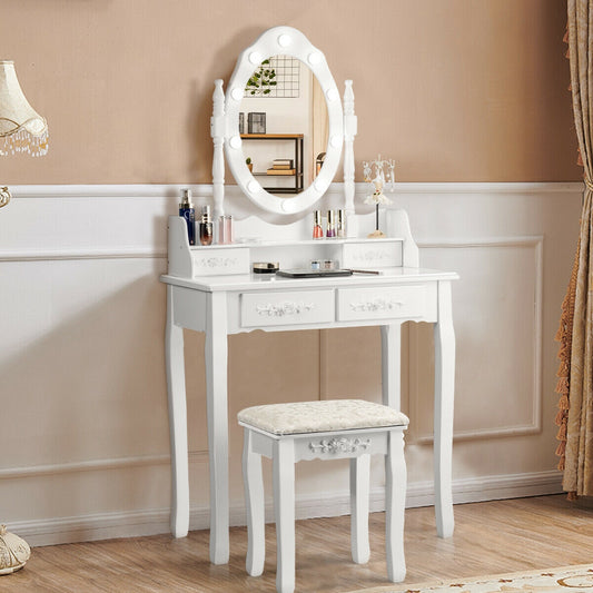 Makeup Vanity Table Set with Dimmable Bulbs & Cushioned Stool