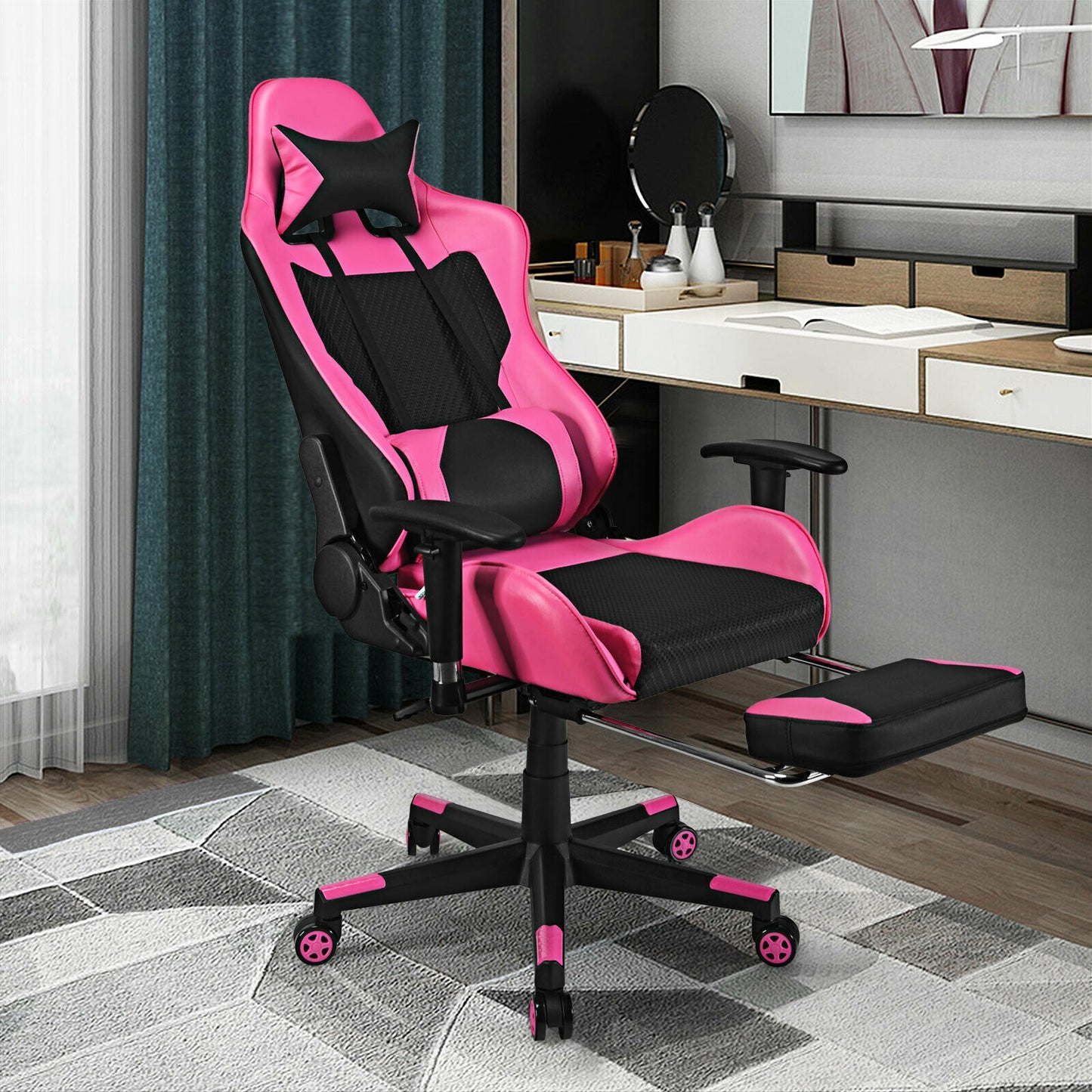 Gaming Chair with USB Massage Lumbar Support and Footrest