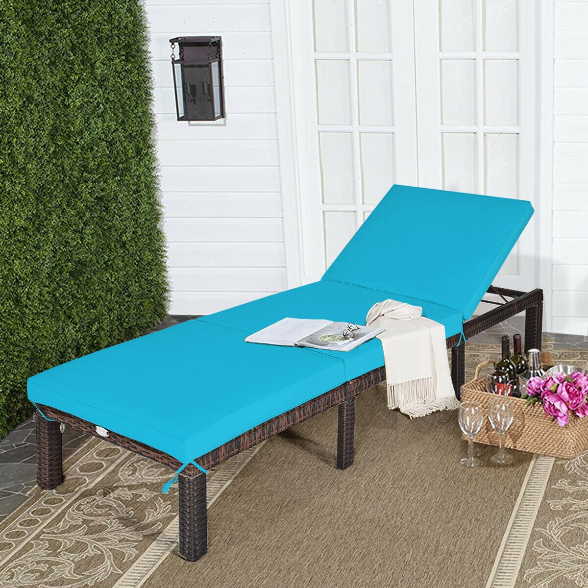 Adjustable Rattan Chaise Lounge with Cushion
