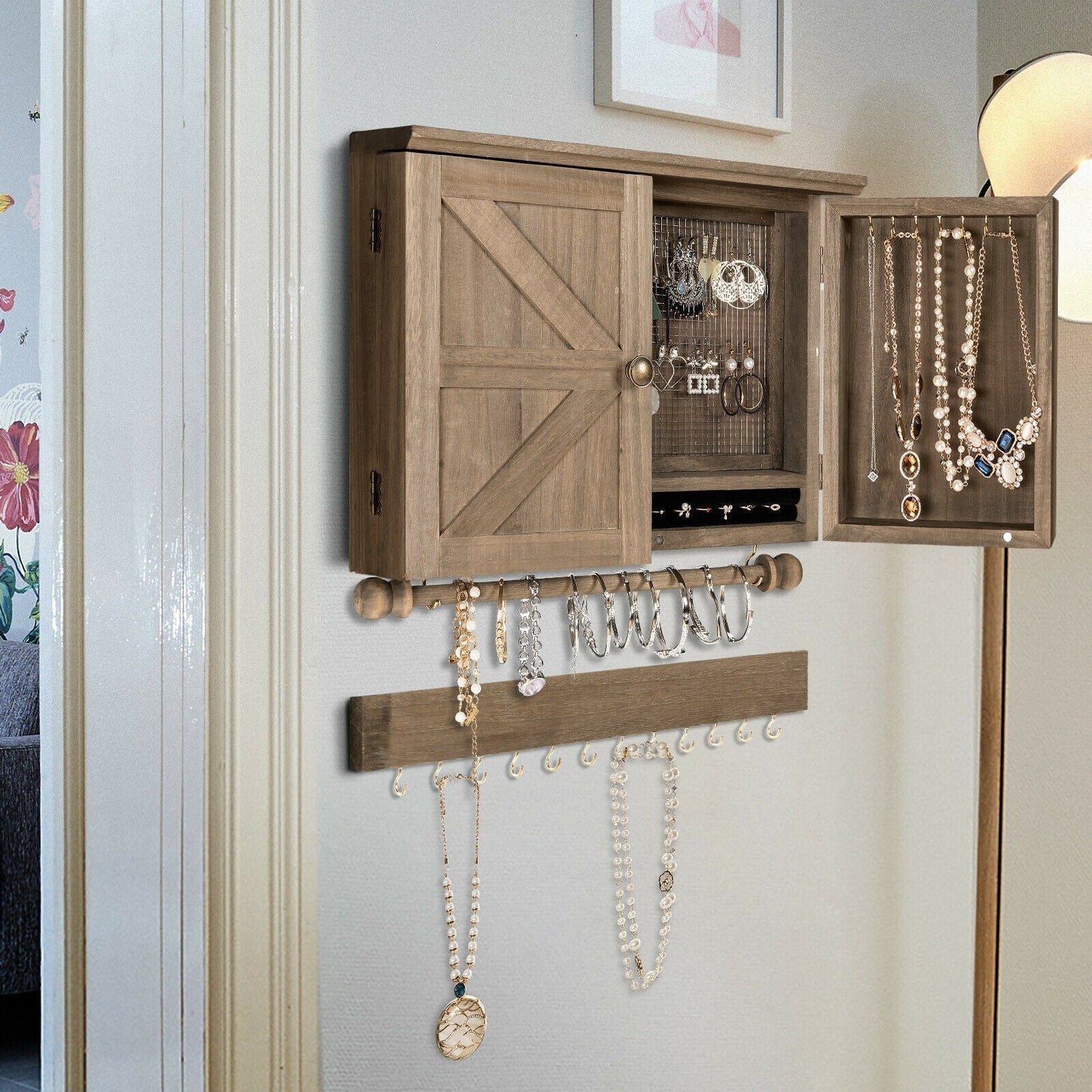 Vintage Wood Wall Mounted Jewelry Organizer with Barn Door-Brown