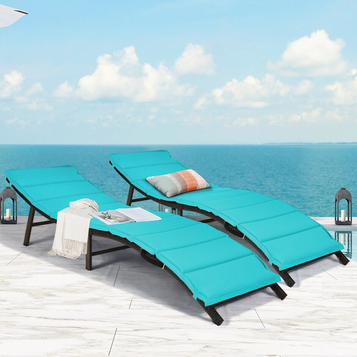 Folding Patio Chaise Lounge Chair Set of 2 with Cushions