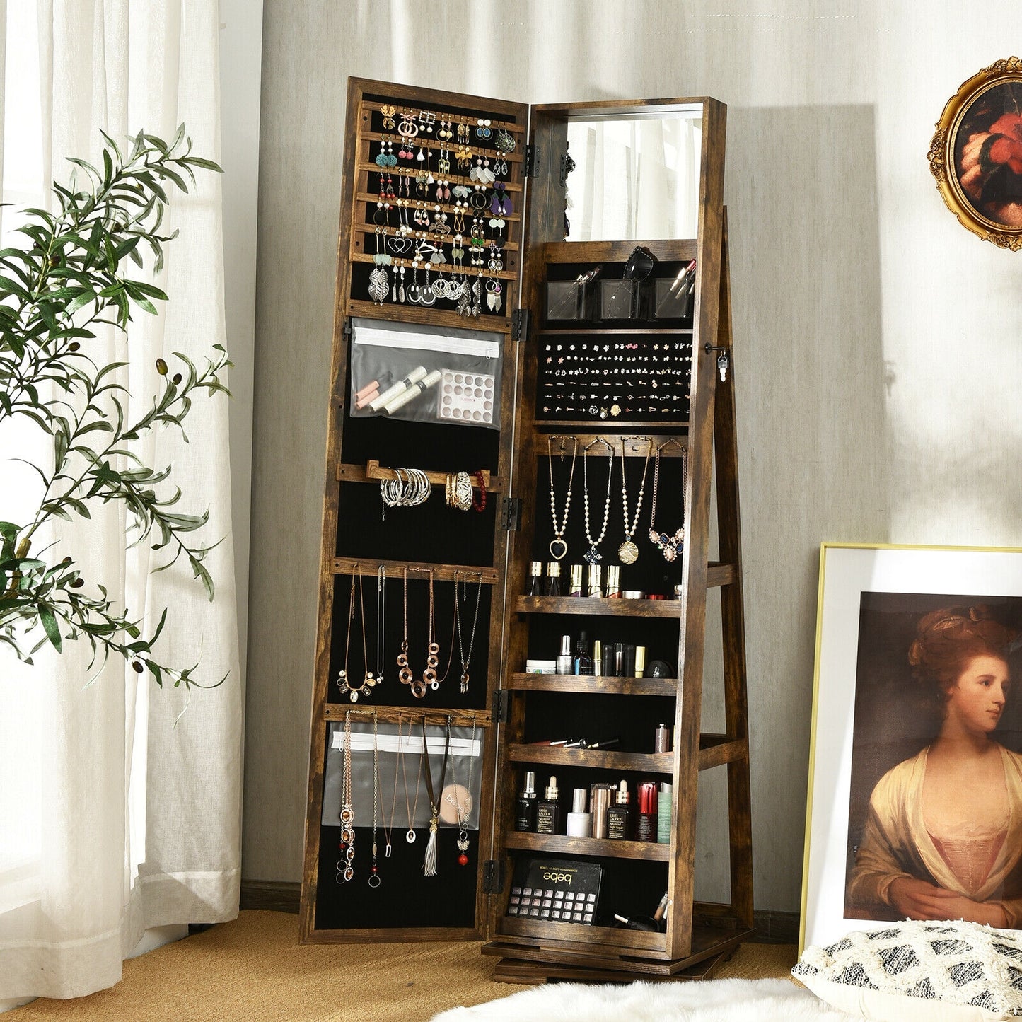 Jewelry Armoire with Full-Length Mirror and 360° Rotation