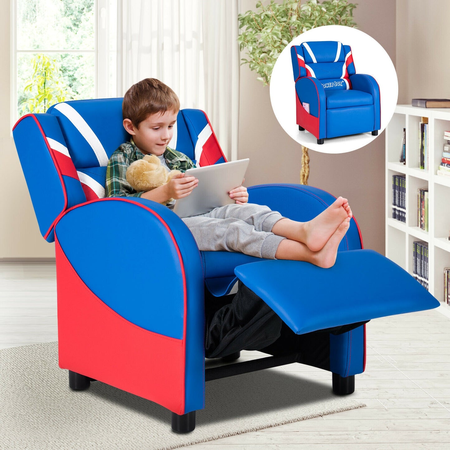 Kids Recliner Chair with Side Pockets - Adjustable Leather