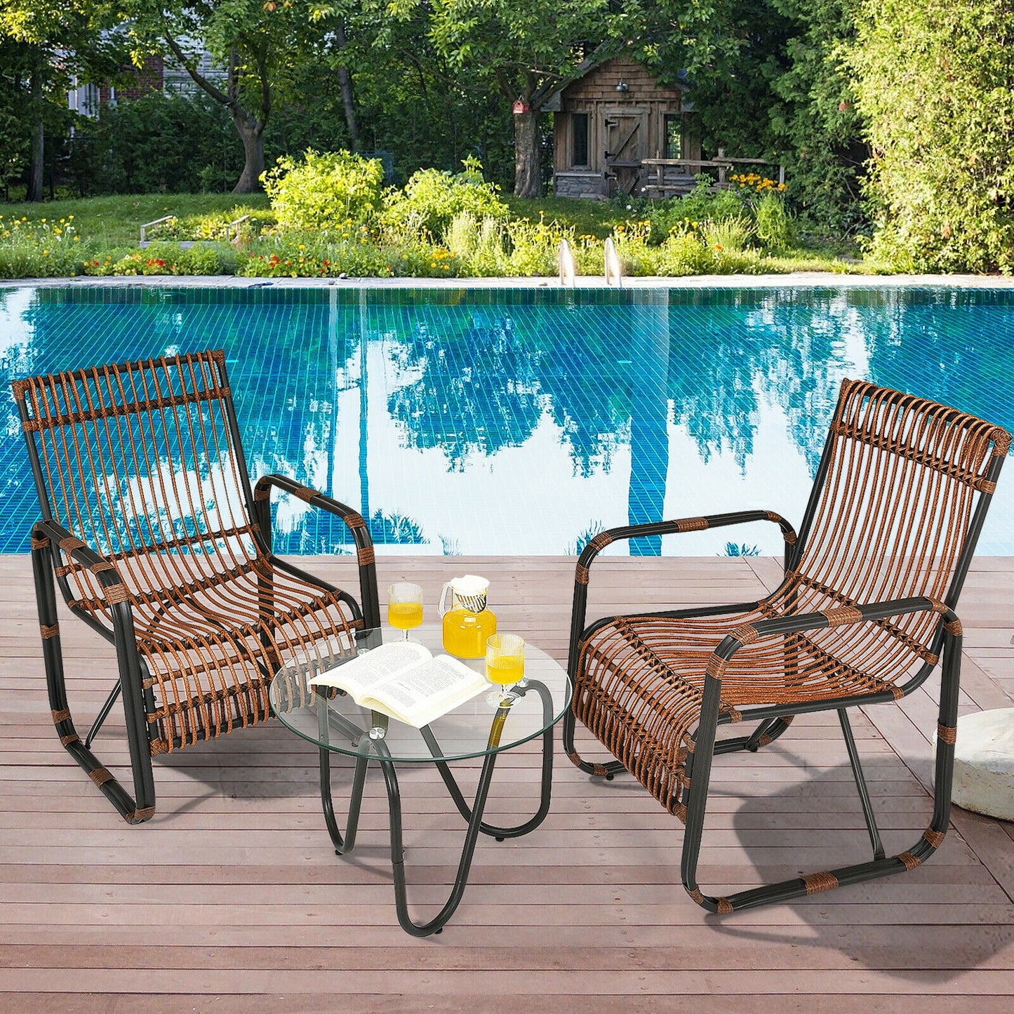 3-Piece Patio Conversation Set with Wicker Chairs & Glass Table