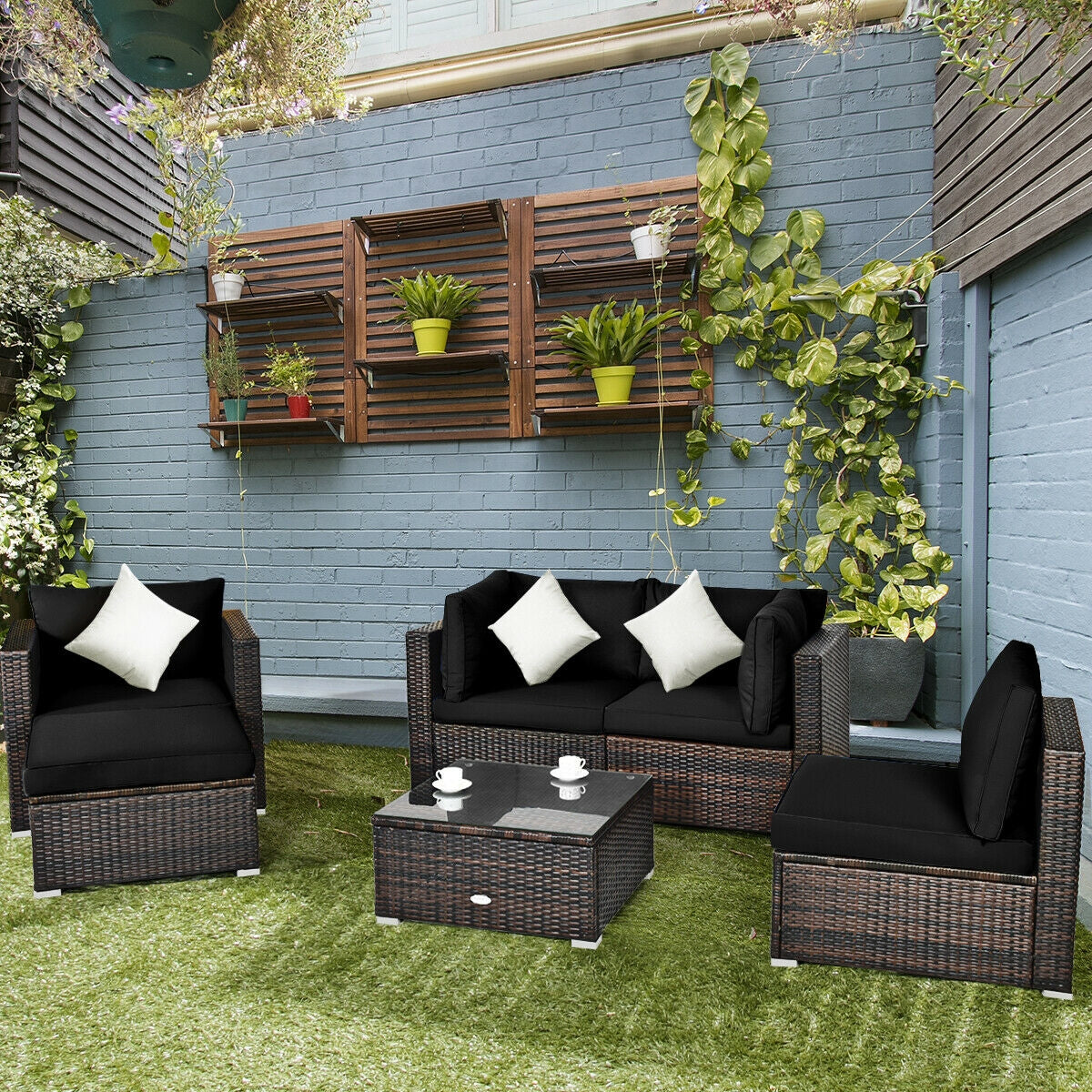 6 Pcs Patio Rattan Furniture Set with Sectional Cushion