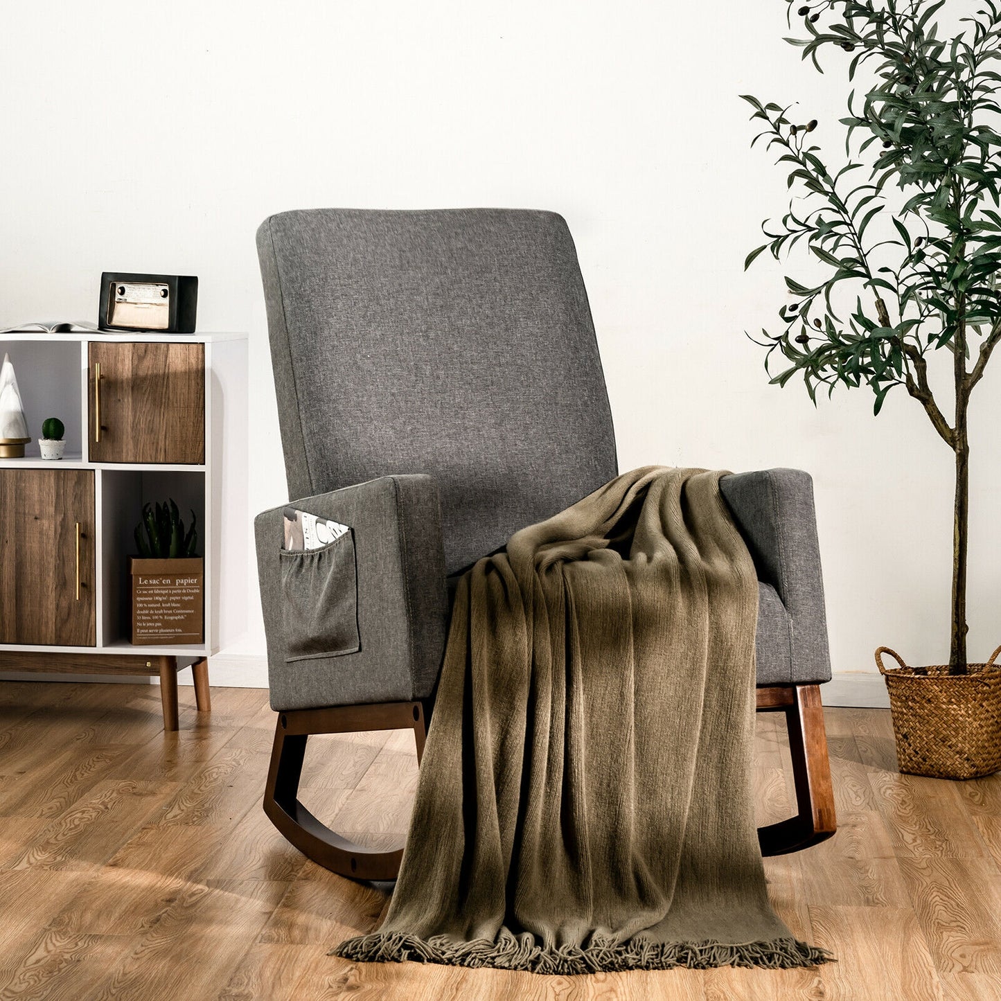 Upholstered Rocking Chair with Side Pocket and High Back