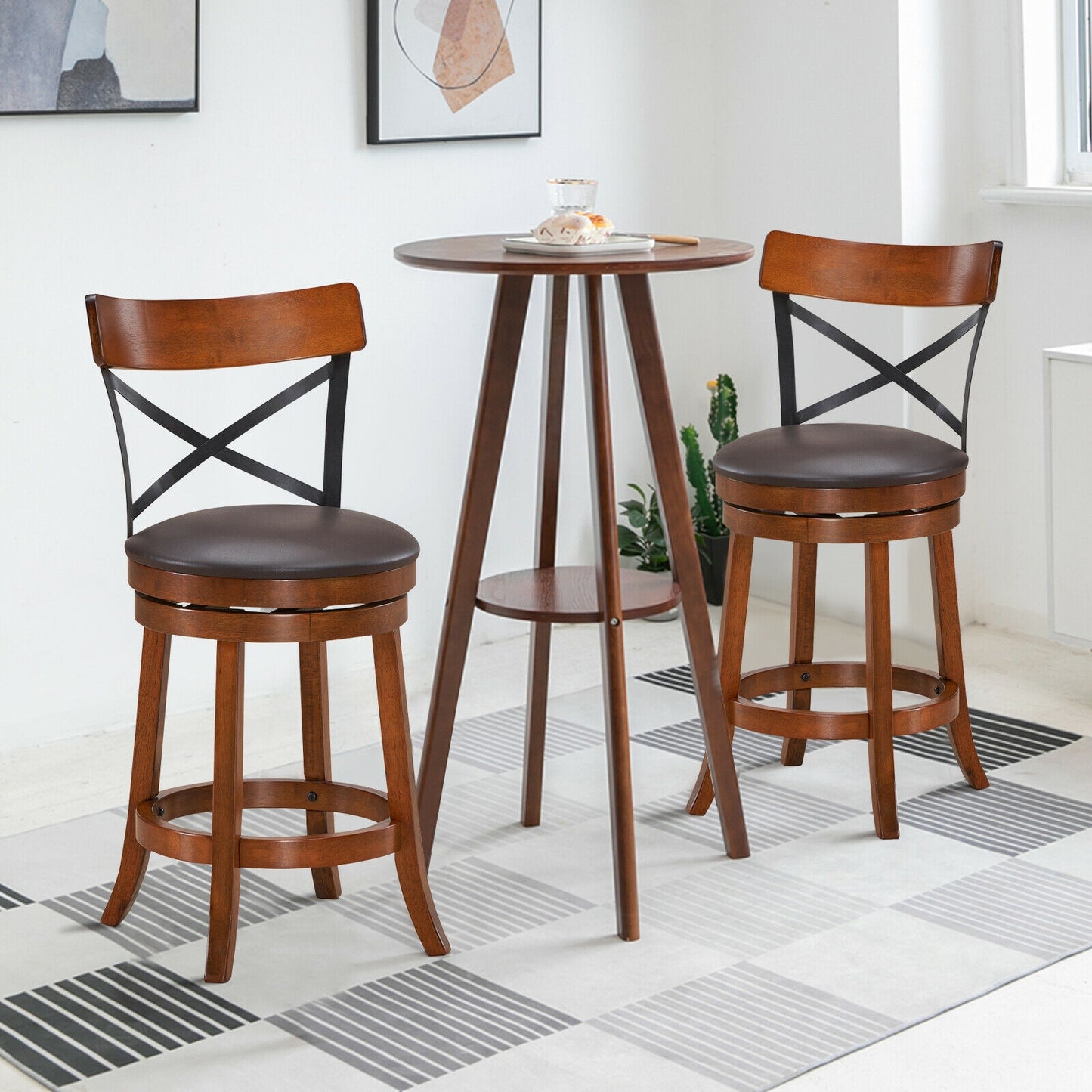 Swivel Bar Stools Set of 2 with Rubber Wood Legs - 360° Rotation