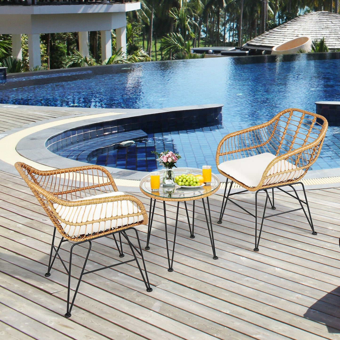 3-Piece Rattan Patio Conversation Set with Cushioned Chairs