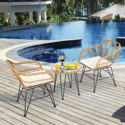 3-Piece Rattan Patio Conversation Set with Cushioned Chairs