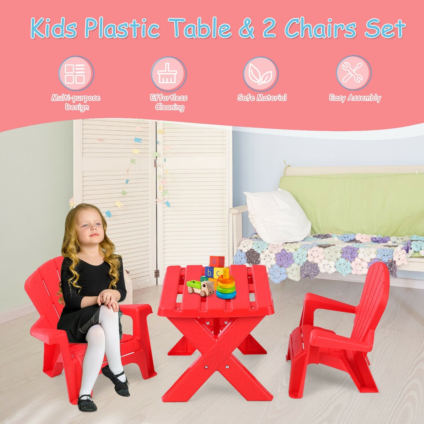 Kids Table and Chair Set - 3-Piece Plastic Play Furniture