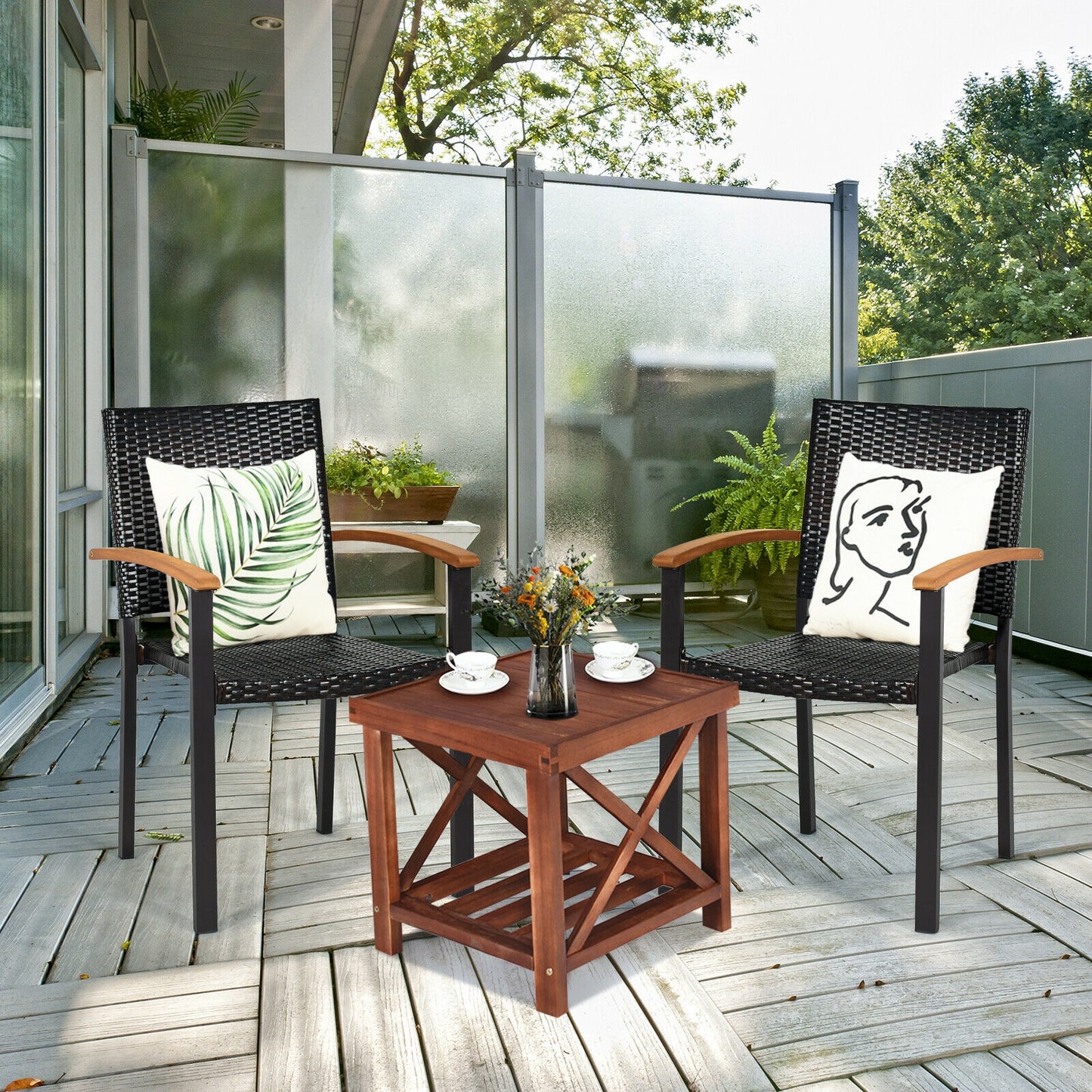 Outdoor Patio Dining Chairs Set of 4 with Rattan & Acacia Wood