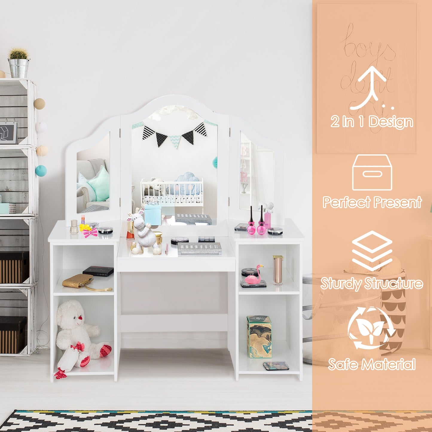 Kids Tri-Folding Mirror Vanity Table Set with Storage