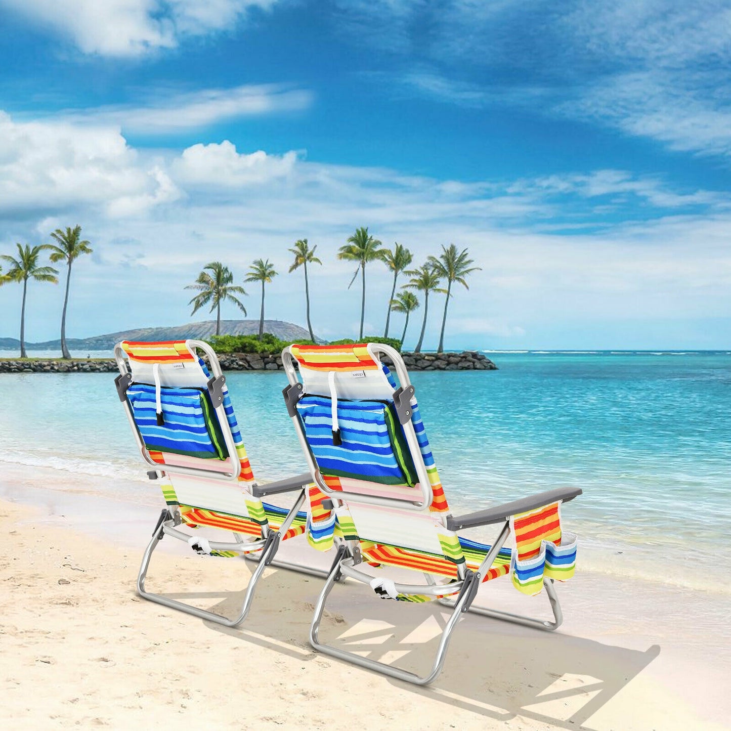 Folding Beach Chair 2-Pack with 5-Position Backrest & Pillow