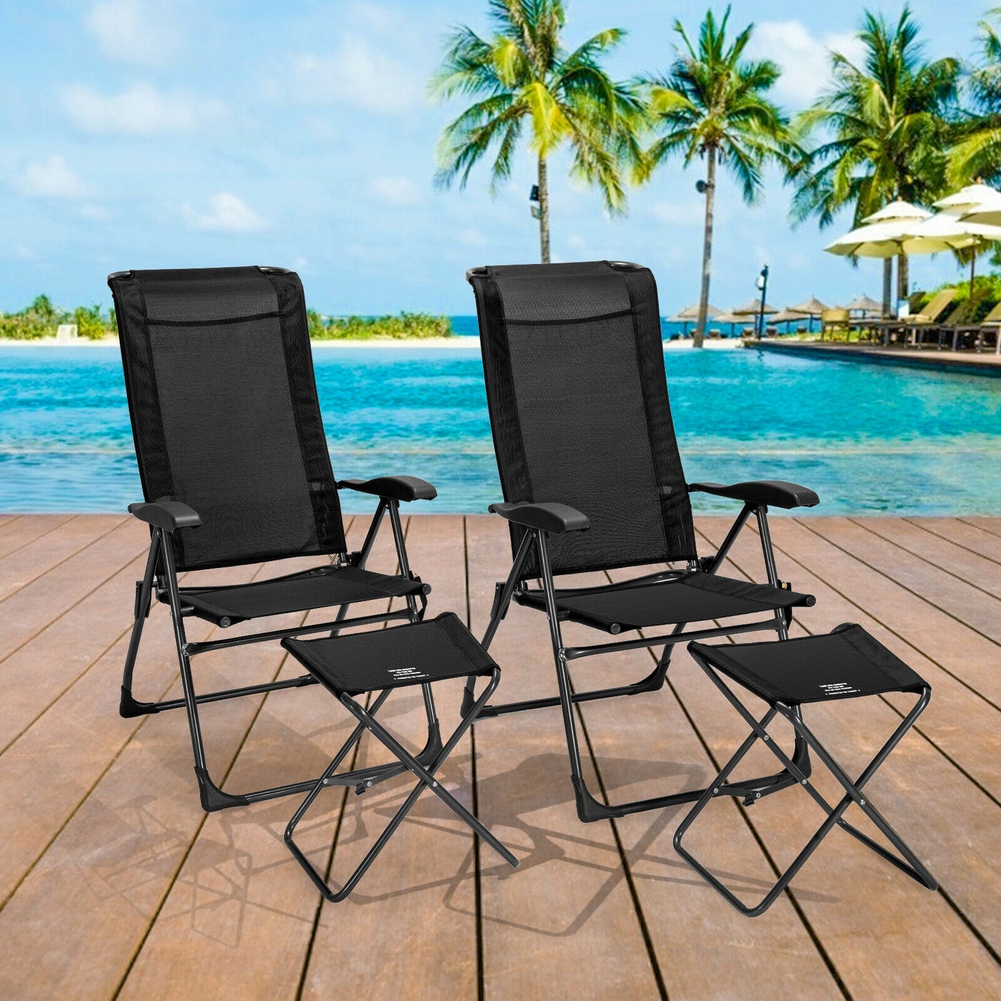 Adjustable Folding Patio Dining Chair with Ottoman Set (2-Pack)
