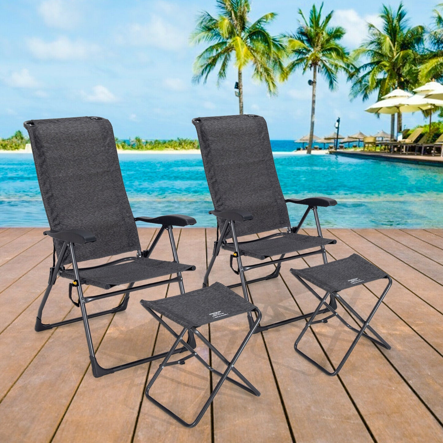 Adjustable Folding Patio Dining Chair with Ottoman Set (2-Pack)